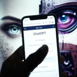 Smartphone mit ChatGPT vor einem Mensch-Bot Background